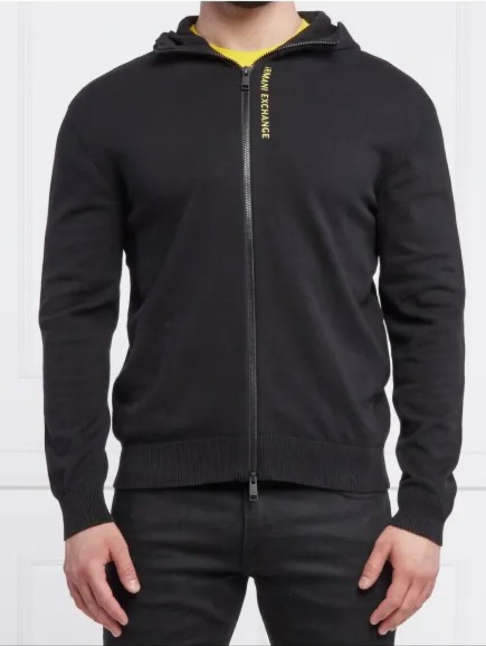 Auth! Armani Exchange Black Zip-Up Hooded Sweater with Yellow Logo & Trim